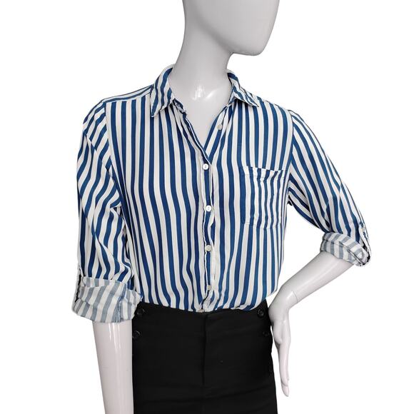 Jane + Delancey Button Down Shirt Small Striped Blue & White Roll Tab Sleeves - Picture 4 of 9